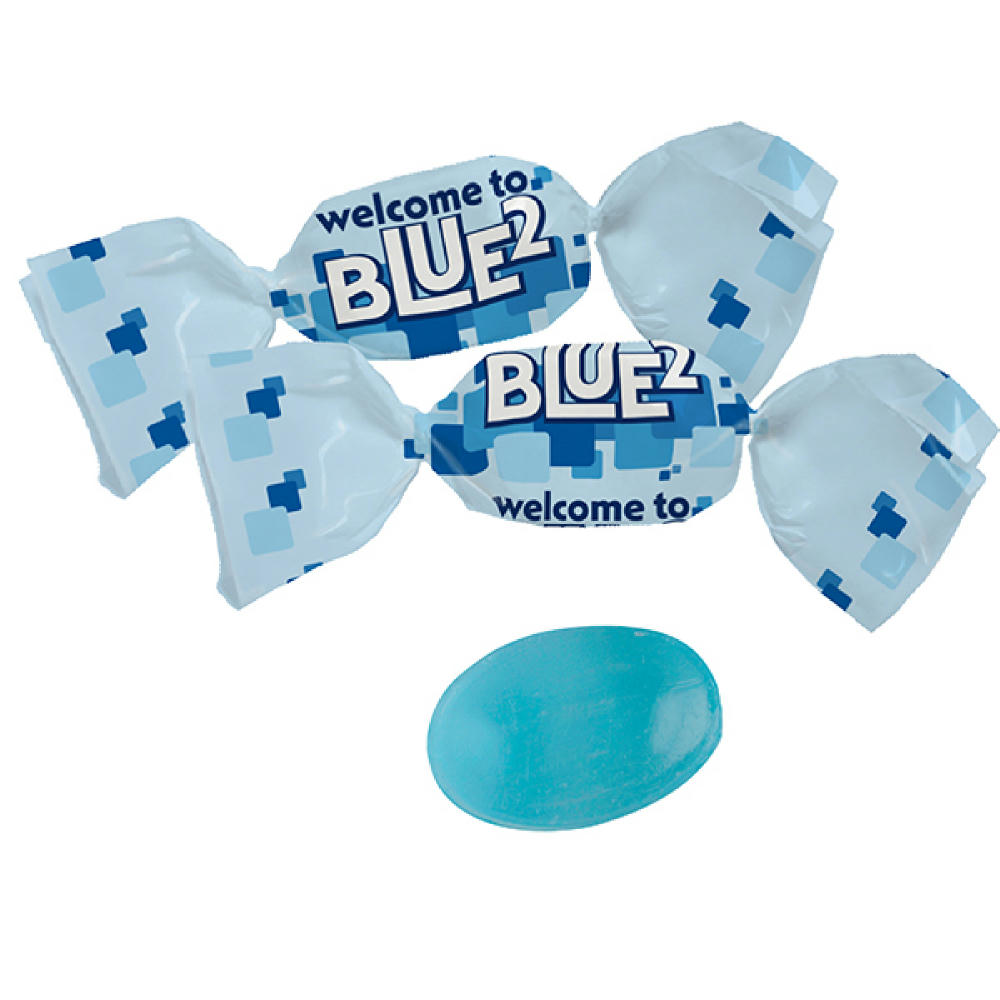 Blaue Bonbons im kompostierbaren Werbewickel